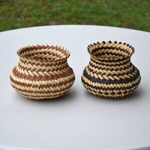 Vintage Baskets, Tarahumara Handmade Small Woven, Two-Toned, Neutrals, Pair